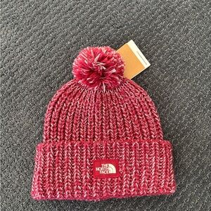 The North Face Red and White Knit Pom Beanie